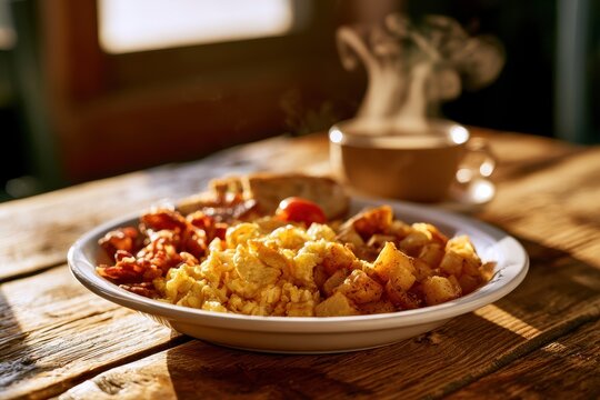 Comforting home-style breakfast: fluffy eggs, pan-fried potatoes and crispy bacon in a inviting setting