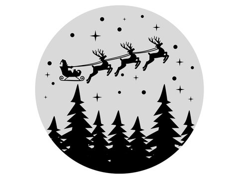 Santa claus flying with reindeer sleigh over snowy forest at night