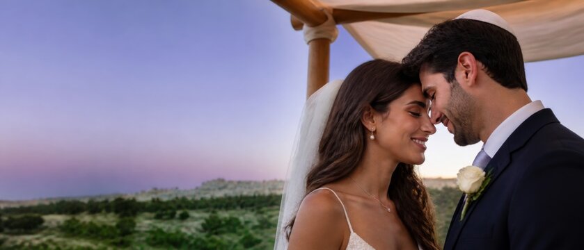Joyful jewish bride and groom smiling at each other under chuppah during outdoor wedding ceremony with ancient city in background