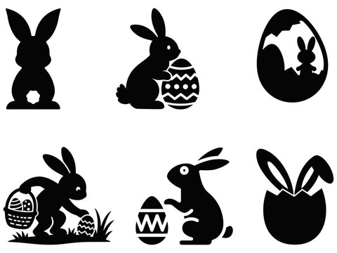 Easter bunnies with eggs and flowers in simple black and white vector style