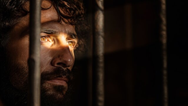 A man locked in a dungeon, a prisoner in tattered clothes, locked in a dark, confined space, looks on with a worried expression on his face.