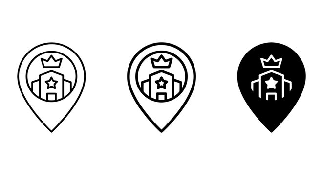 Hotel Location Pin Icons, Luxury Accommodation Map Marker, Royal Building Navigation Symbols