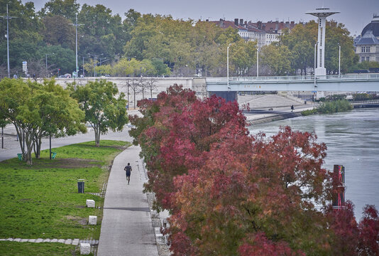 View of a person running along the riverbank with vibrant autumn foliage and the cityscape of Lyon in the background, Lyon, Auvergne-Rhone-Alpes, France.