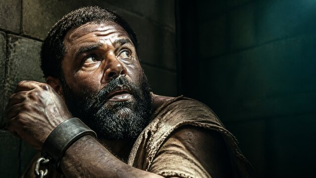 A man locked in a dungeon, a prisoner in tattered clothes, locked in a dark, confined space, looks on with a worried expression on his face.