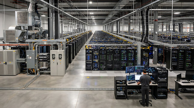 Massive data center hall with rows of server racks and an engineer working at a computer control station