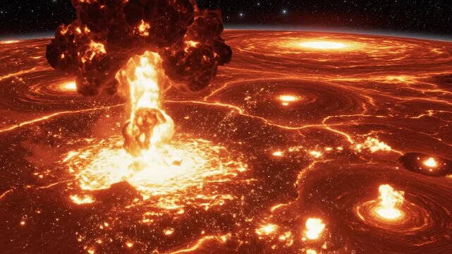 Volcanic eruption on alien planet surface with massive lava explosions