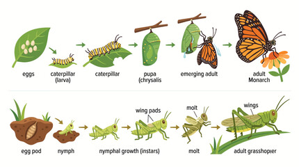 Obraz premium Butterfly and Grasshopper Life Cycle Stages Illustration