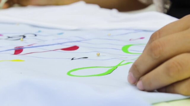 An unrecognizable woman is outlining a garment with black tempera paint on a table inside a sewing workshop in Neiva, Huila, Colombia. Concept of handmade, textile industry and hobbies