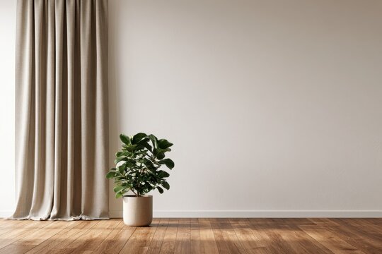 Contemporary wall mockup featuring lush plant, warm wood floor, and soft brown curtain for home decor