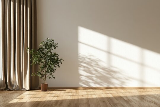 Contemporary wall interior with greenery: white wall, soft brown curtain, and natural wood flooring (3D illustration)