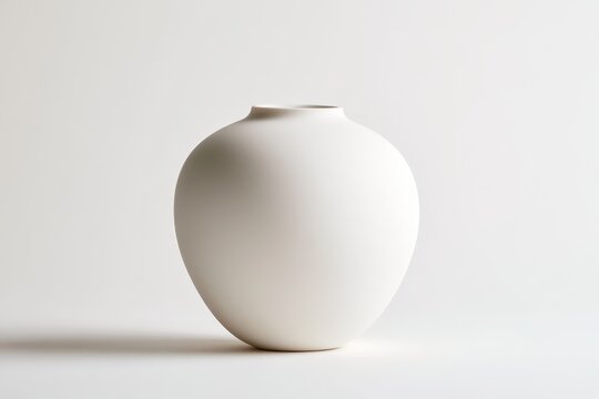 Contemporary white background still life showcasing a matte ceramic vase with refined lighting
