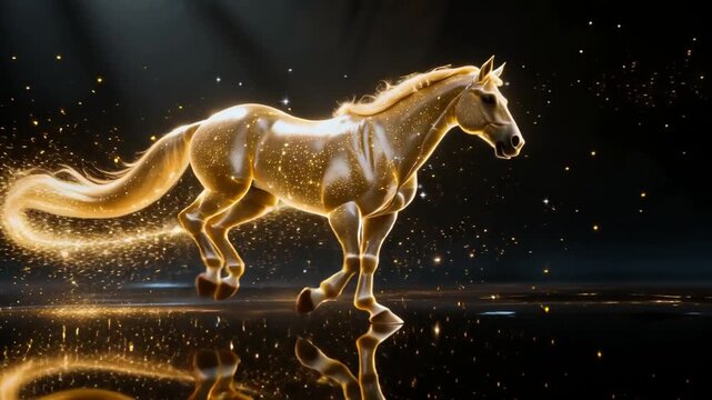 Golden horse galloping with sparkling particles and reflective surface under dramatic lighting
