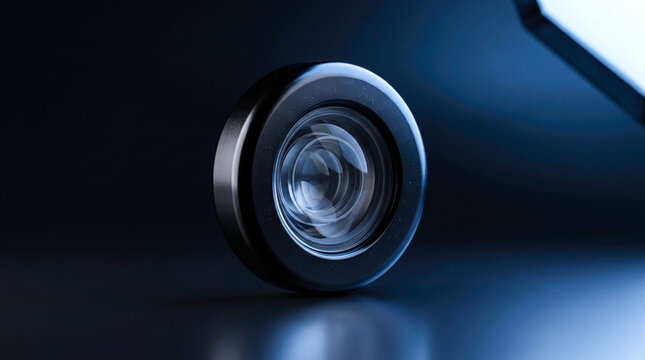 Professional camera lens with multi layered glass reflections sits on dark reflective surface under cool blue studio light for photography and optical equipment.