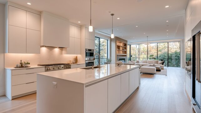Contemporary white interiors: pristine kitchen and spacious living room in a luxury home