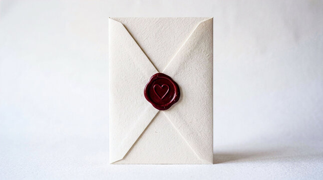 Minimalist cream colored invitation envelope sealed with dark red wax featuring embossed heart symbol perfect for wedding stationery romantic mail correspondence.