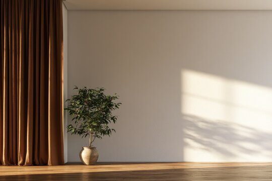 Contemporary white wall setting featuring a potted plant and earthy curtain on warm wood flooring in a 3D render