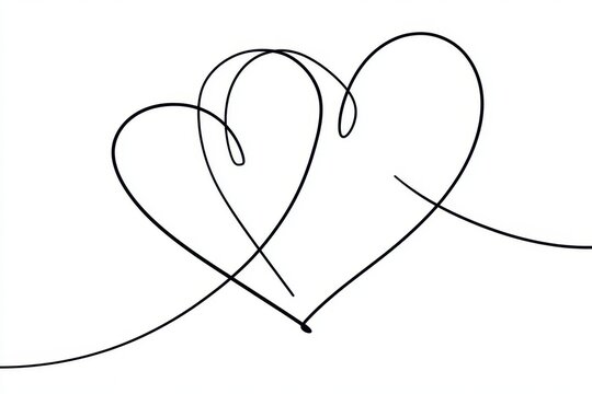 Continuous single-line drawing of abstract hearts on white background