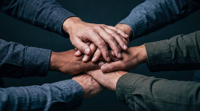 Diverse hands coming together in unity represents professional teamwork collaboration and corporate solidarity to foster strong inclusive company culture and support.
