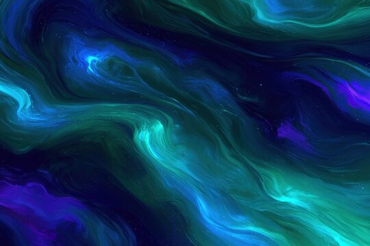 Cosmic Green and Purple Swirl: Abstract digital painting with blue accents