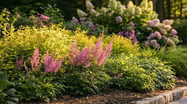 Cottage-style mixed border featuring yellow spiraea, pink astilbe, and hydrangea shrubs and perennials