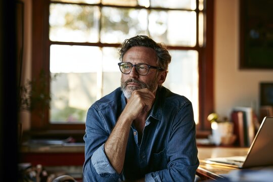 Cozy at-home portrait: middle-aged man with glasses in a blue shirt beside a laptop in a warm home office