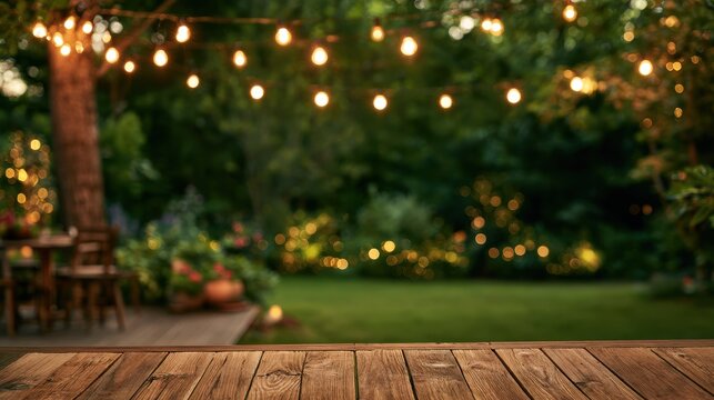 Cozy backyard decor with string lights, gentle green bokeh and space for messaging