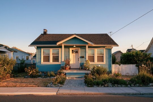 Cozy blue home facade on a calm suburban block under a clear sky