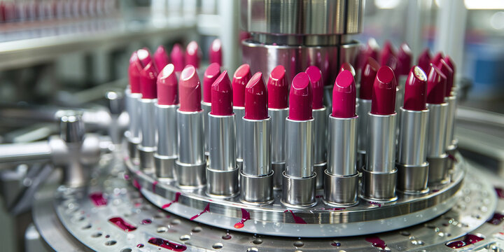 Lipstick production line in a modern cosmetics factory. Industrial machinery manufacturing beauty products like red and pink lipsticks in an automated assembly process with precision equipment and too