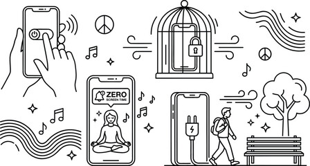 Fototapeta premium Digital detox and screen time reduction outline vector set featuring smartphone addiction cage mental wellness concepts isolated.
