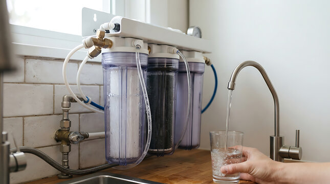 Modern water filtration system installed under the kitchen sink, filling a glass with clean drinking water