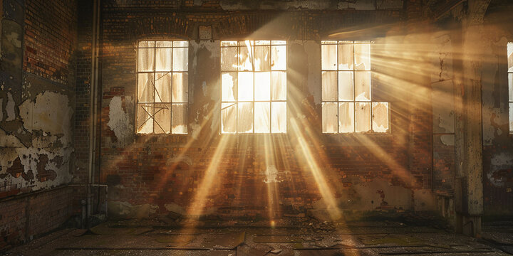 Sunlight beams shining through old dusty factory windows into an abandoned industrial warehouse with weathered brick walls, dramatic morning light illumination, moody atmosphere, mystical interior sce