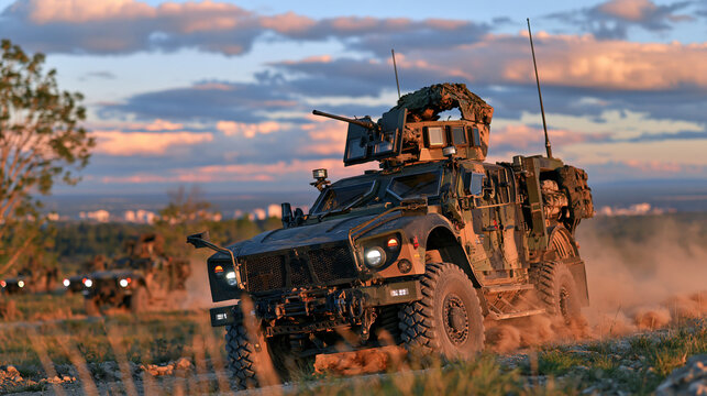 Cinematic close perspective of a modern armored military convoy driving through harsh dusty terrain at sunset, headlights creating glowing beams through airborne dust, roof mounted antennas, equipme