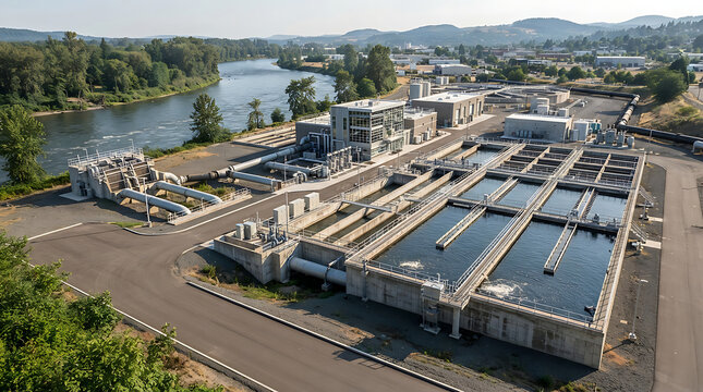Modern Industrial Water Treatment Plant with Clean Water Tanks and River