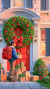 Courier Delivering Packages to Wreath Decorated Front Door