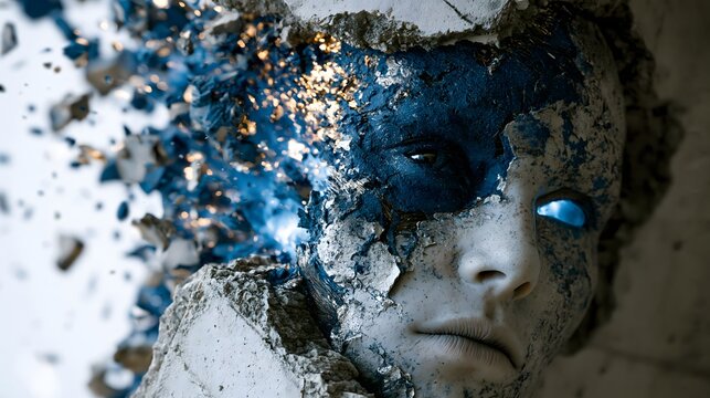 Futuristic AI face dissolving and scattering into blue light particles and fragments