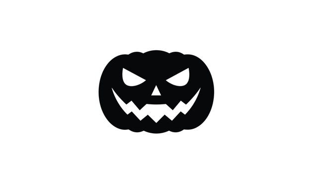 Spooky jack-o'-lantern Halloween pumpkin black silhouette icon with glowing eyes and sharp teeth on white background.