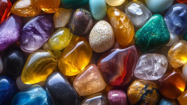 Bright polished stones and gemstone crystals scattered together in macro view showing mineral variety natural texture glossy surfaces jewelry materials healing stones and decorative luxury collection