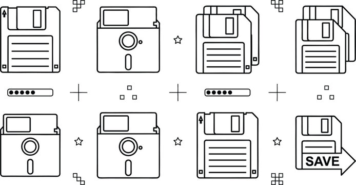 Retro floppy disk computer storage outline vector icon set featuring vintage save button elements isolated on white background