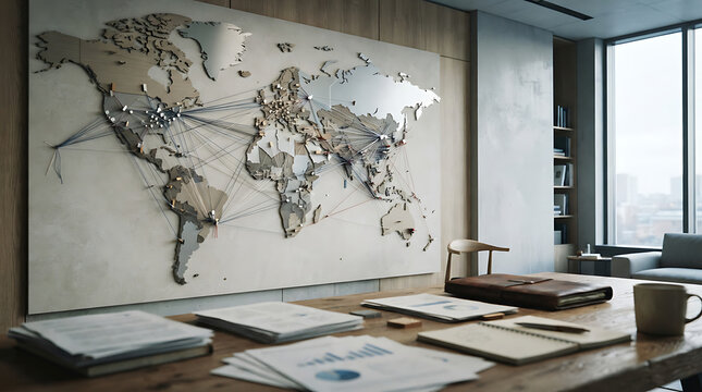 Modern corporate meeting room with a large wooden world map on the wall showing international connections