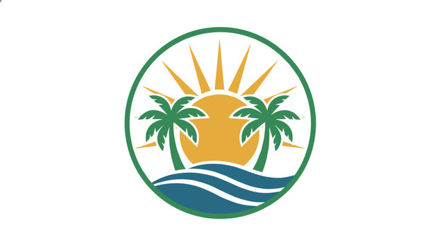 Colorful tropical paradise emblem featuring a glowing sun, green palm trees, and ocean waves enclosed in a green circular frame.