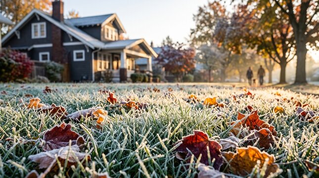 Frost on a fall morning lawn, Frost covered grass and autumn leaves in suburban yard at sunrise  