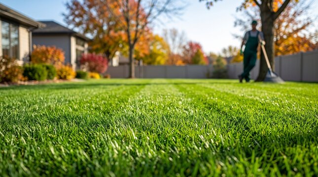Empty lawn after leaf removal, Man raking autumn leaves on green lawn in suburban backyard  