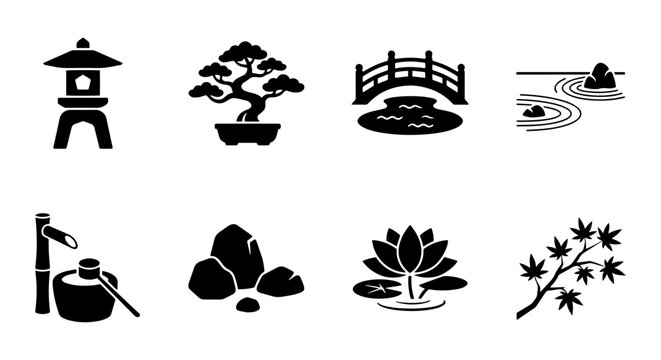 Zen Garden Icons: Japanese Lantern, Bonsai Tree, Bridge, Water Feature, Rocks, Lotus, Maple Branch