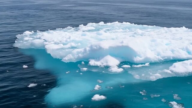 Aerial view of a massive iceberg floating in deep blue ocean waters, with visible submerged ice and smaller ice fragments scattered around.