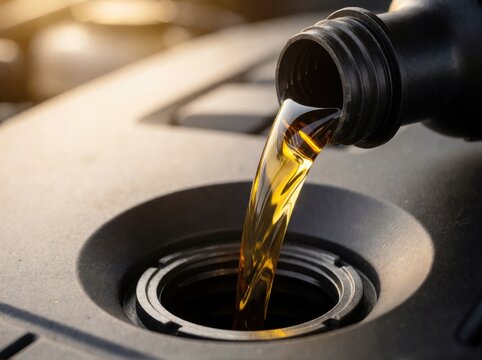 A close-up shot of fresh golden motor oil being poured into a car engine, emphasizing maintenance.