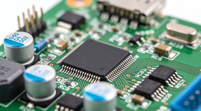 A close-up view of a green circuit board populated with integrated chips, capacitors, and resistors.