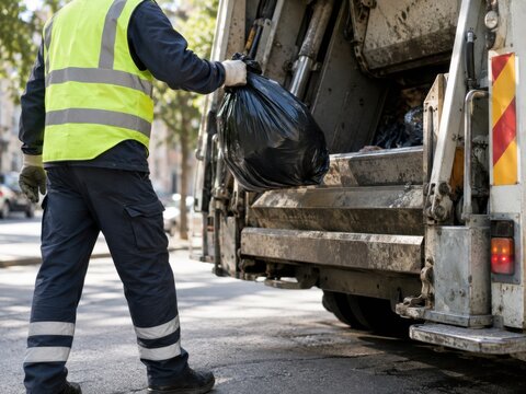 A sanitation worker in a high-visibility vest is placing a black garbage bag into a waste truck.