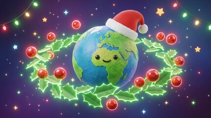 Fototapeta premium A 3D cartoon illustration of a cute, smiling Earth character wearing a Santa Claus hat, encircled by an orbiting ring of glowing Christmas holly leaves and shiny red berries set against a starry space