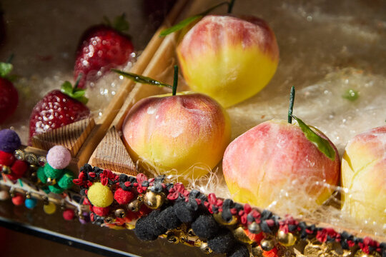 Assortment of colorful marzipan fruits, a Sicilian delicacy in Taormina.