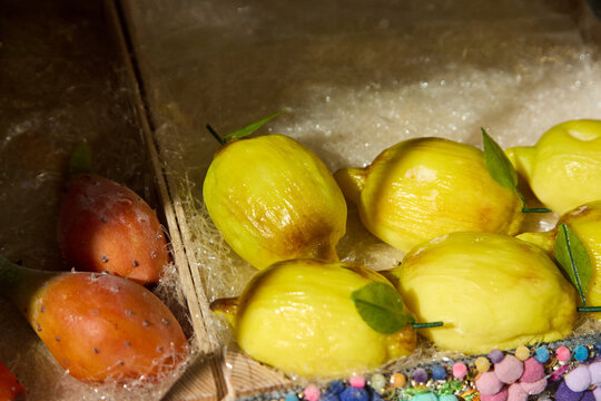 Assortment of colorful marzipan fruits, a Sicilian delicacy in Taormina.